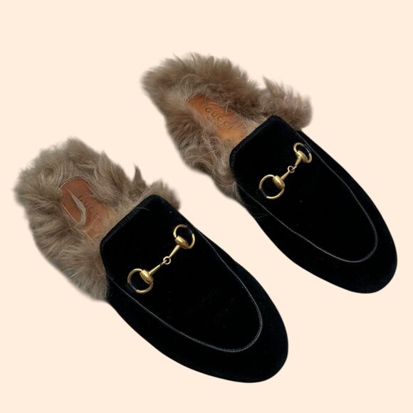 Gucci Princetown Velvet Fur Mules - Picture 1 of 7